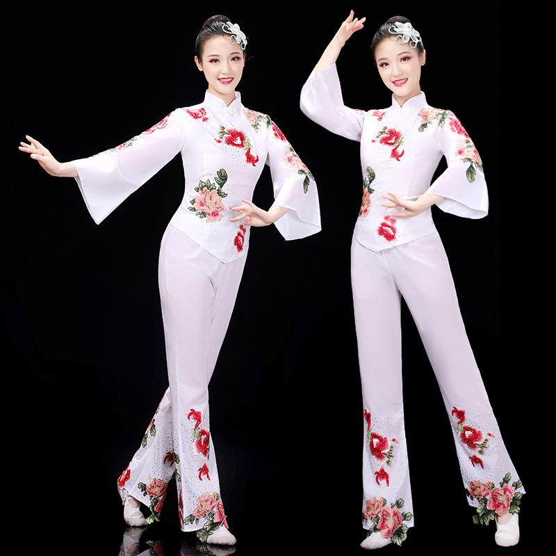 秧歌服演出服女2024新款舞蹈服装扇子舞胶州腰鼓服广场舞白色套装