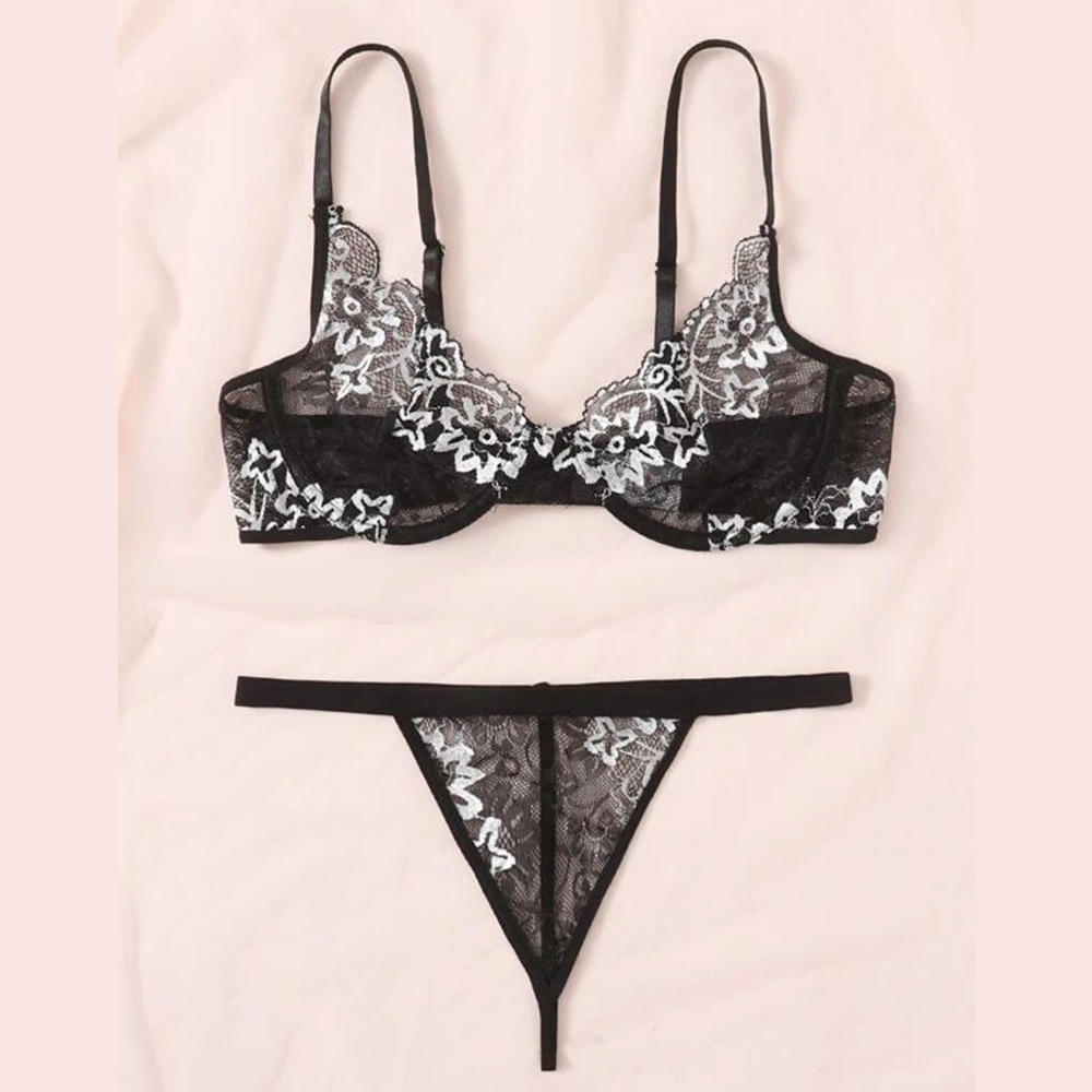 法式少女黑色性感超薄蕾丝镂空绑带内衣有钢圈半透明透视文胸套装
