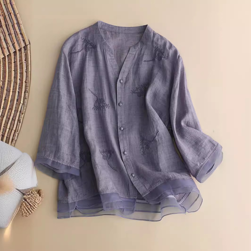 一线大牌商场撤柜清仓女v领苎麻小衫上衣复古刺绣棉亚麻短袖衬衫