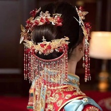 中式复古红色琉璃花后区秀禾服结婚头饰新娘头饰额饰套装2023新款