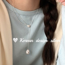 韩国2023年秋冬新款饰品 S925纯银巴洛克珍珠方形抽拉项链毛衣链