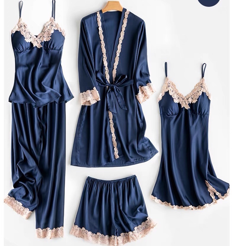 Spring and Summer Pajamas Women's Ice Silk Thin Five-Piece Set Sexy Sling Nightdress Large Size Loose Nightgown with Chest Pad Home Wear