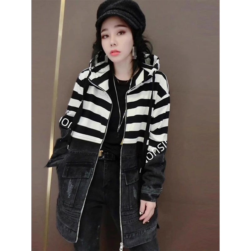 欧洲女装站2023新款欧货潮条纹连帽拼接中长款宽松牛仔外套女秋冬