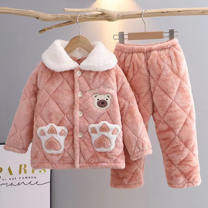 Winter New Child Clip Cotton Pajamas Flannel Boys' Thickened Suit Coral Fleece Warm Girls' Home Wear