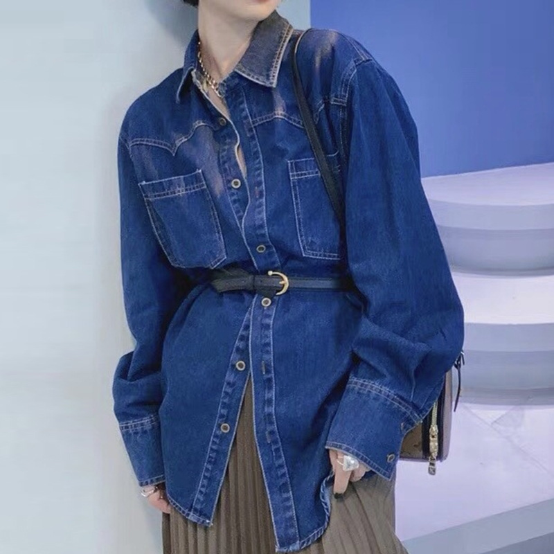 2022春季中长款蓝色牛仔外套女韩版宽松bf设计感小众叠穿衬衫上衣