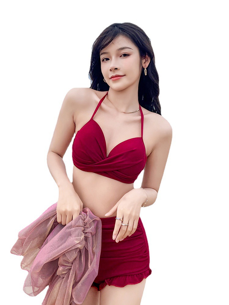 2022 New Swimsuit Women's Summer Korean Ins Slim Looking Belly Covering Conservative Split Three-Piece Blouse Swimming Suit