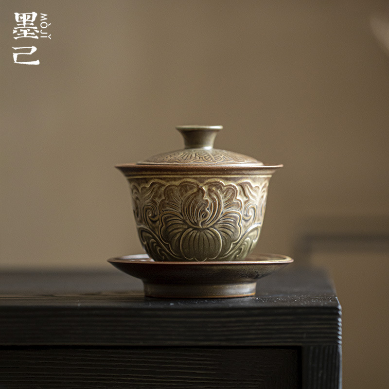 墨己 备前烧日式粗陶三才盖碗 刻花仿古陶瓷泡茶碗 家用复古盖碗