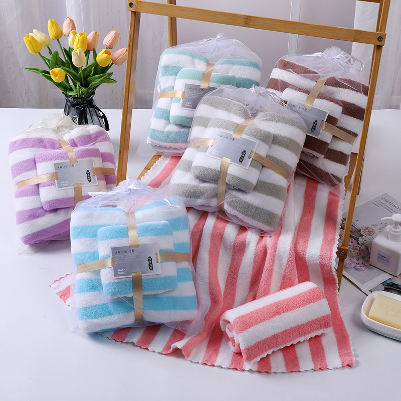 Coral Fleece Towels Cut Edge Child and Mother Set Wide Striped Coral Fleece Bath Towel Household Thickened Soft Big Towel