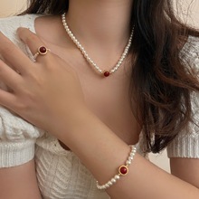 新中式红色滴油珍珠项链复古轻奢优雅个性气搭颈链锁骨链手链戒指
