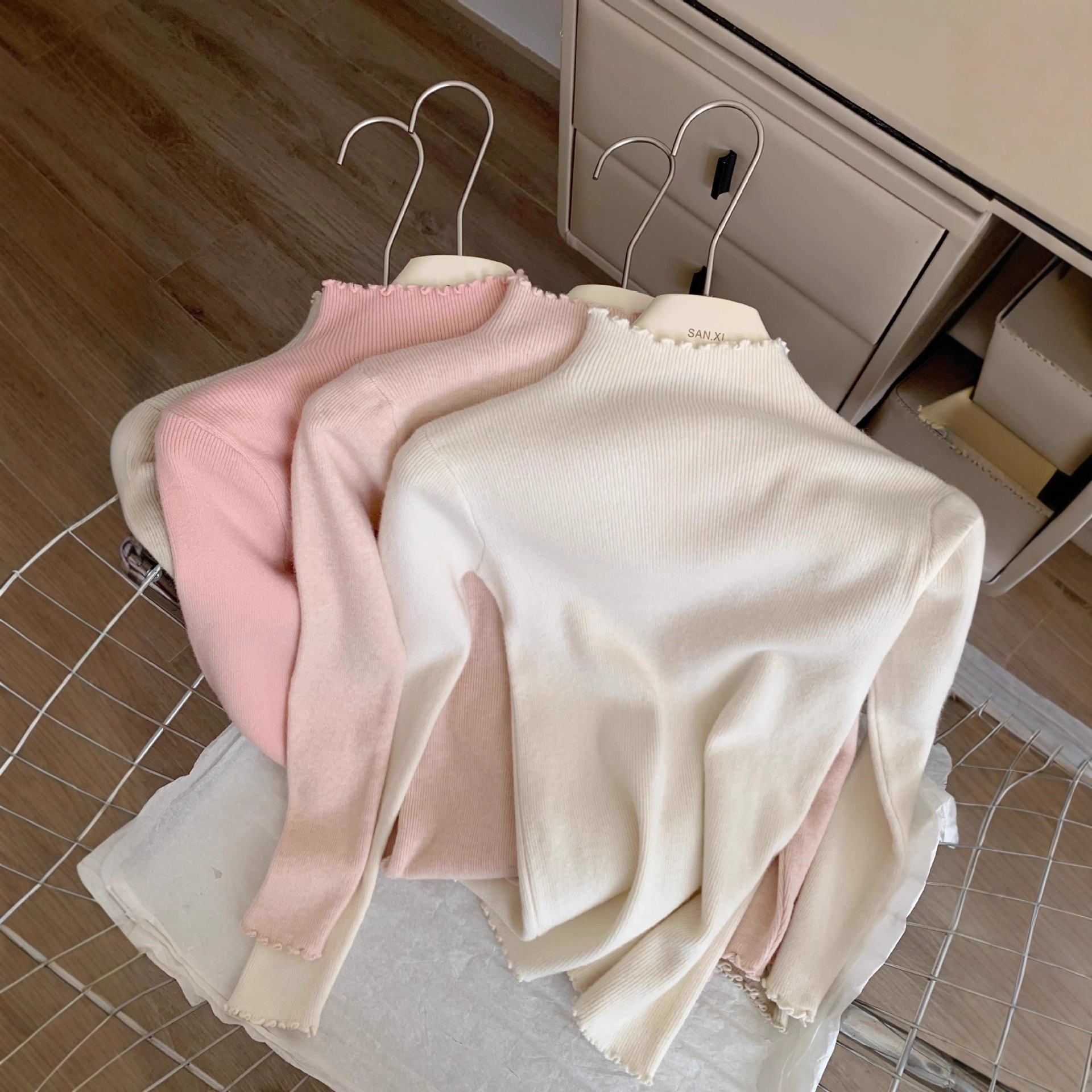 春秋冬针织打底衫女秋冬内搭花边领半高领木耳边中领修身毛衣上衣