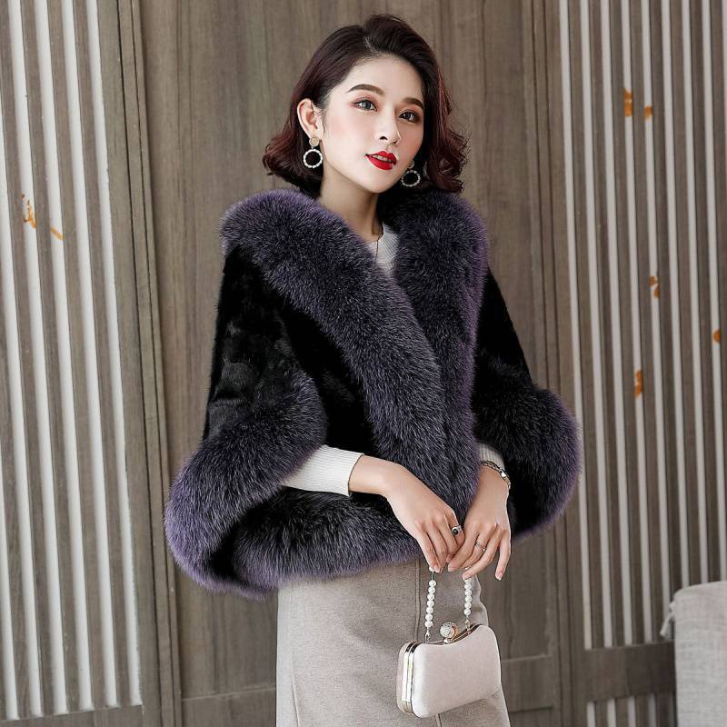 水貂皮外套短款女披肩斗篷狐狸毛大衣秋冬新款拼貂-阿里巴巴
