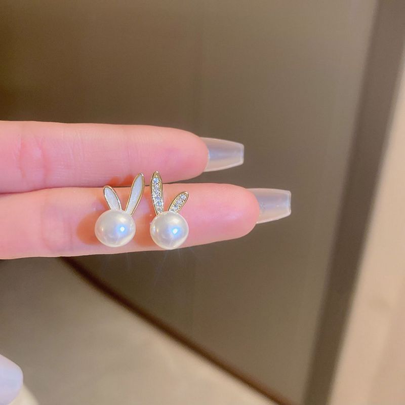 925 Birth Year Light Luxury Cute Bunny Ear Studs Cat Eye Earrings Pearl Stud Earrings Silver Needle Wholesale Earrings for Women