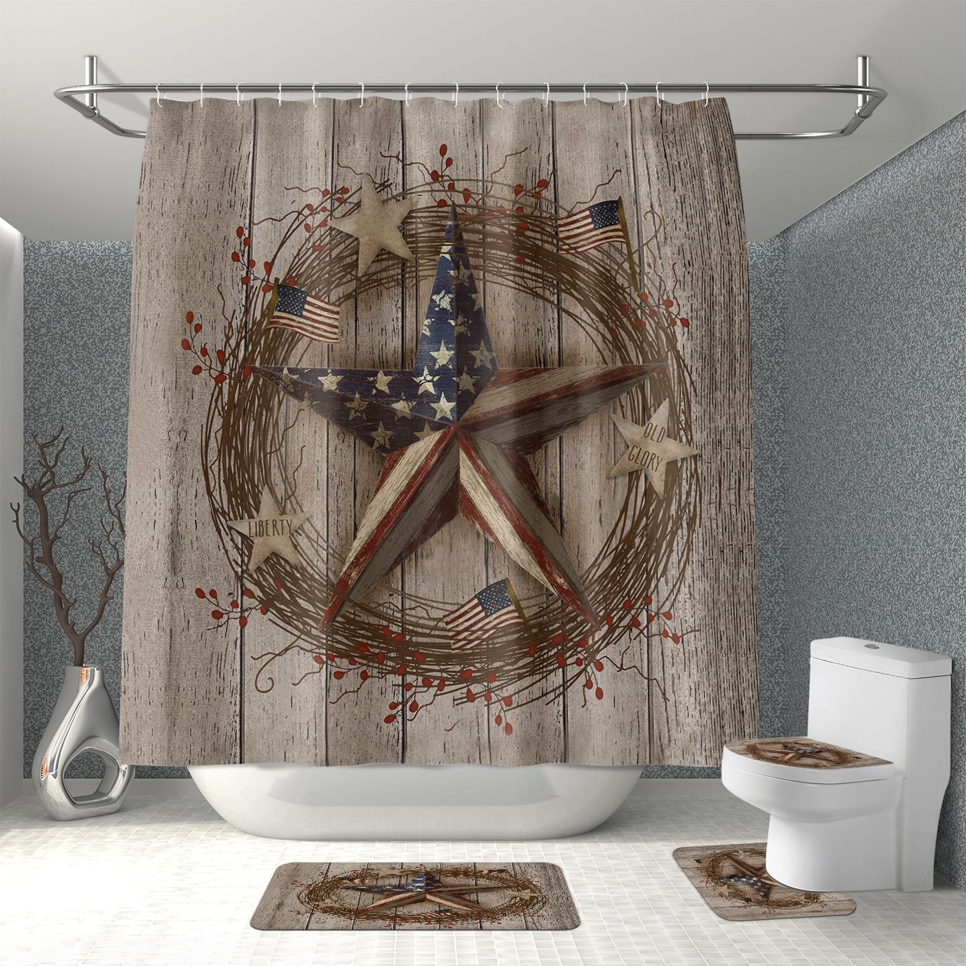 Source Manufacturer Amazon Cross-Border Hot Sale Five-Pointed Star Waterproof Polyester Bathroom Shower Curtain Floor Mat Four-Piece Set