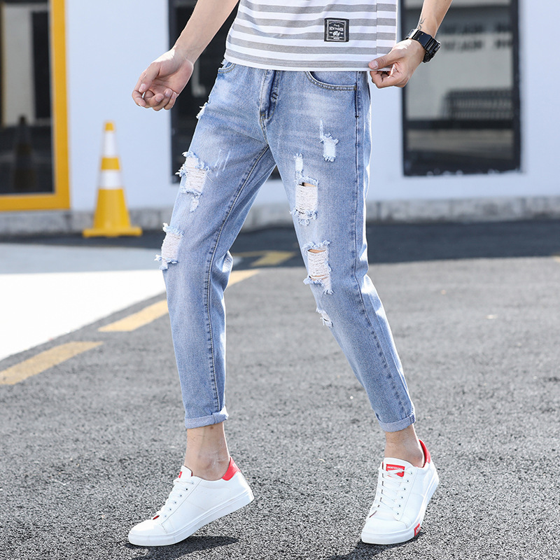 Ripped Cropped Jeans Men Fashion Brands Slim Fit Skinny Spring and Summer Beggar ong Pants Men's Korean Style Trendy All-Matching