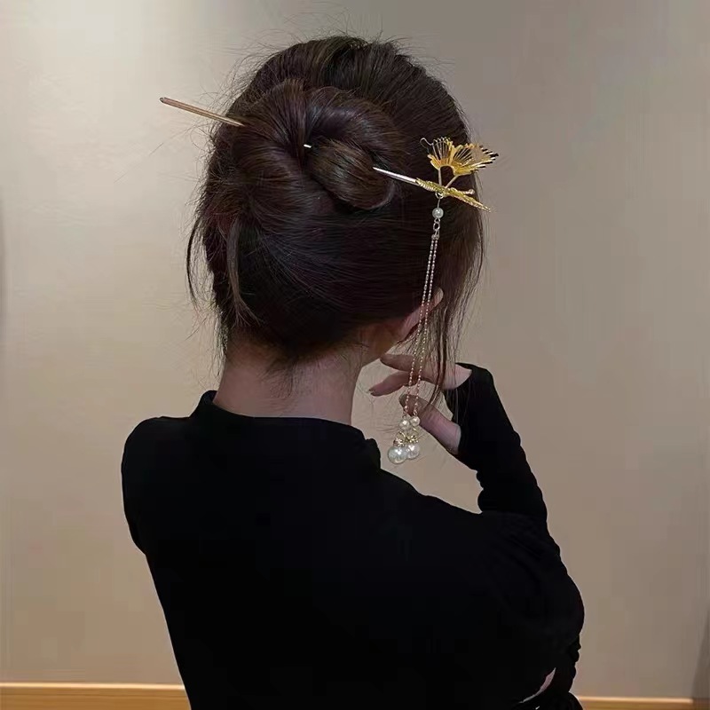 New Chinese Style Antiquity Hair Clasp Wooden Hairpin High-Grade Updo Hair Clasp Hanfu Chinese Style Dangling Ornament Headwear Female Hair Accessories