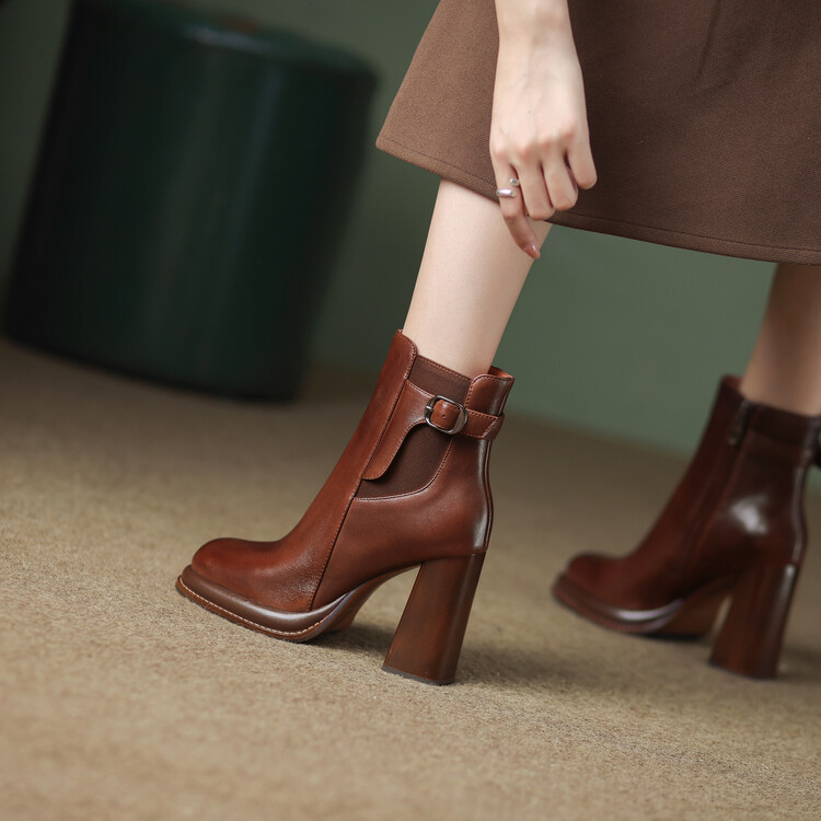 英伦风复古防水台粗高跟秋冬季羊皮女靴子侧拉链小个子女简约粗跟