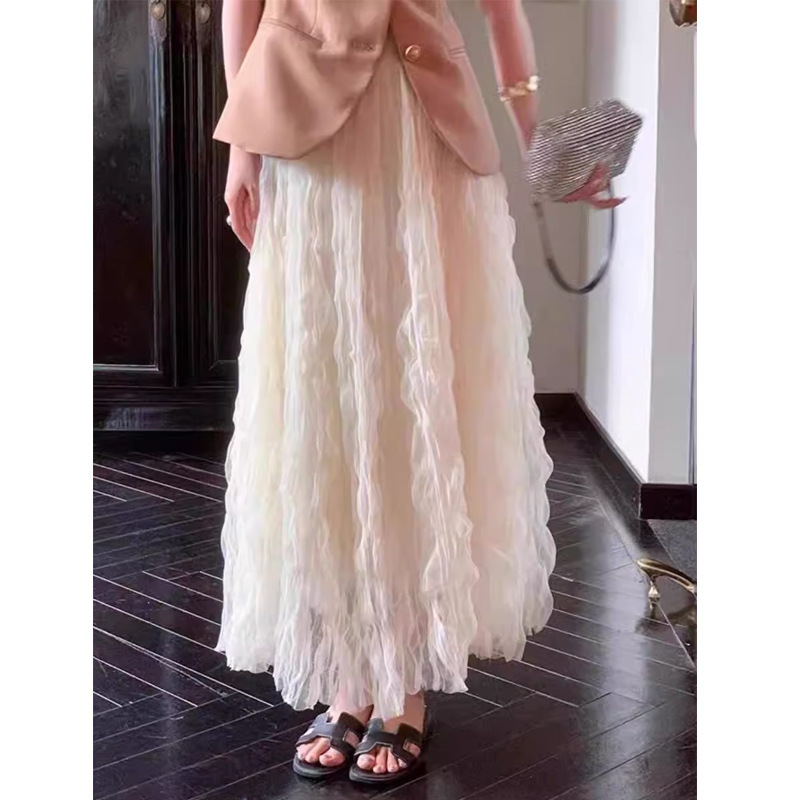 时尚高ji感重工波浪网纱蕾丝半身裙女飘逸蓬松纱裙显高显瘦中长裙
