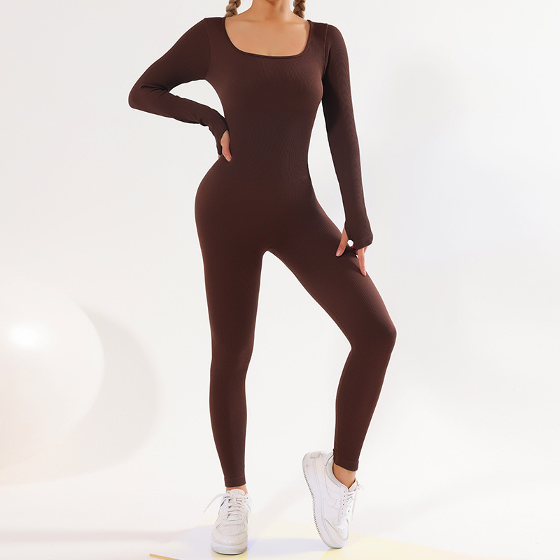 New Long Sleeve Quick-Drying Sports Seamless Yoga Bodysuit One-Piece European and American Tight One-Piece Fitness Yoga Wear Women
