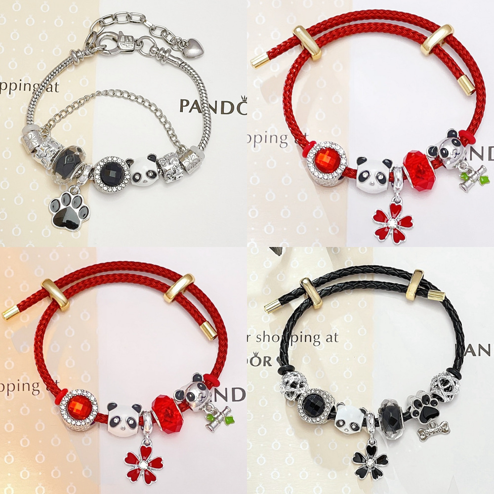 Pan Duo Panda Pull Bracelet Detachable Diy Bracelet Leather Rope Bracelet Cute Cartoon Bracelet Clover Jewelry for Women