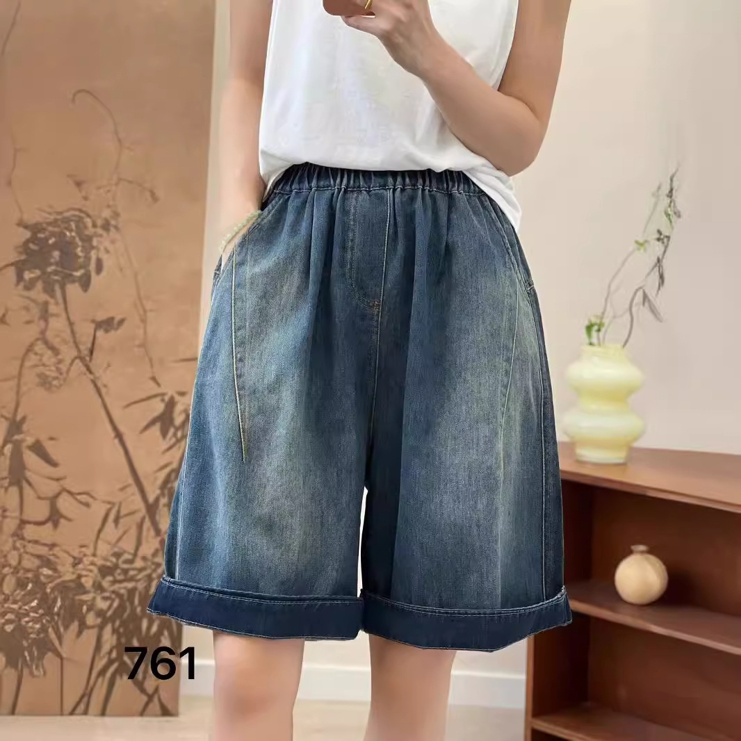 新品休闲复古牛仔短裤 松紧腰水洗磨白版型好宽松女士三分裤-阿里巴巴