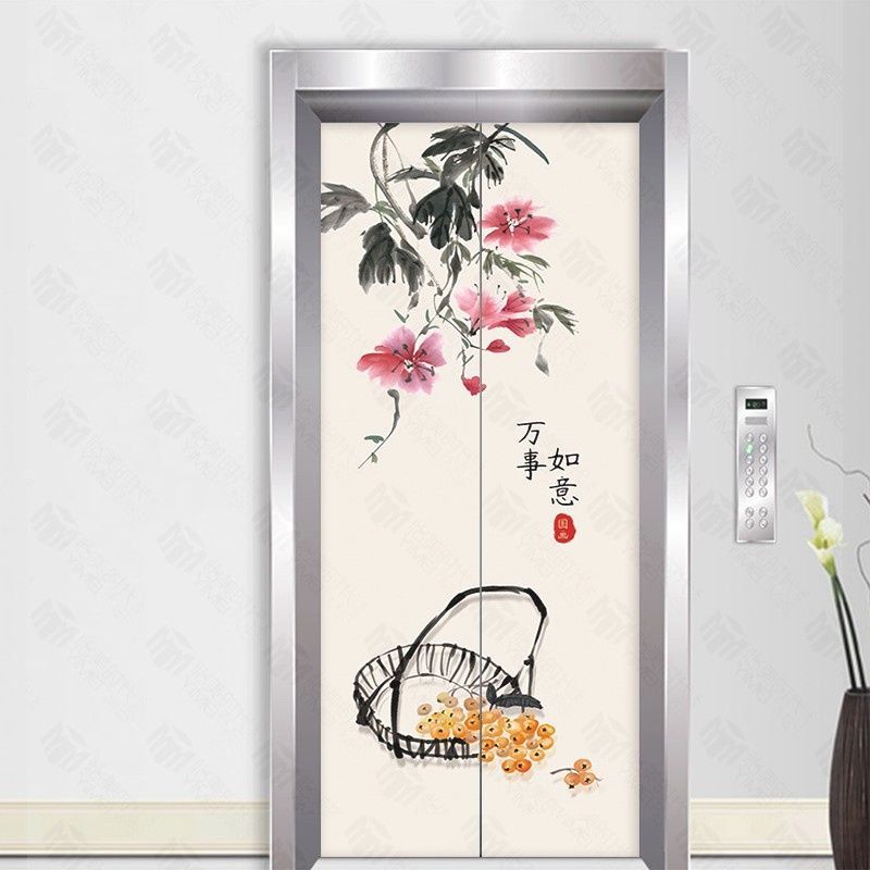 新中式电梯门贴纸防水创意翻新入户电梯门平安富贵装饰贴画自粘画