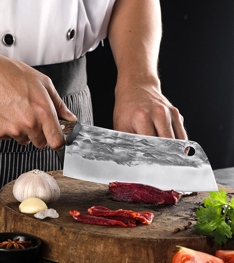 手工锻打切菜刀家用切肉厨师切片刀具多用锤纹木柄切肉刀厨房刀具