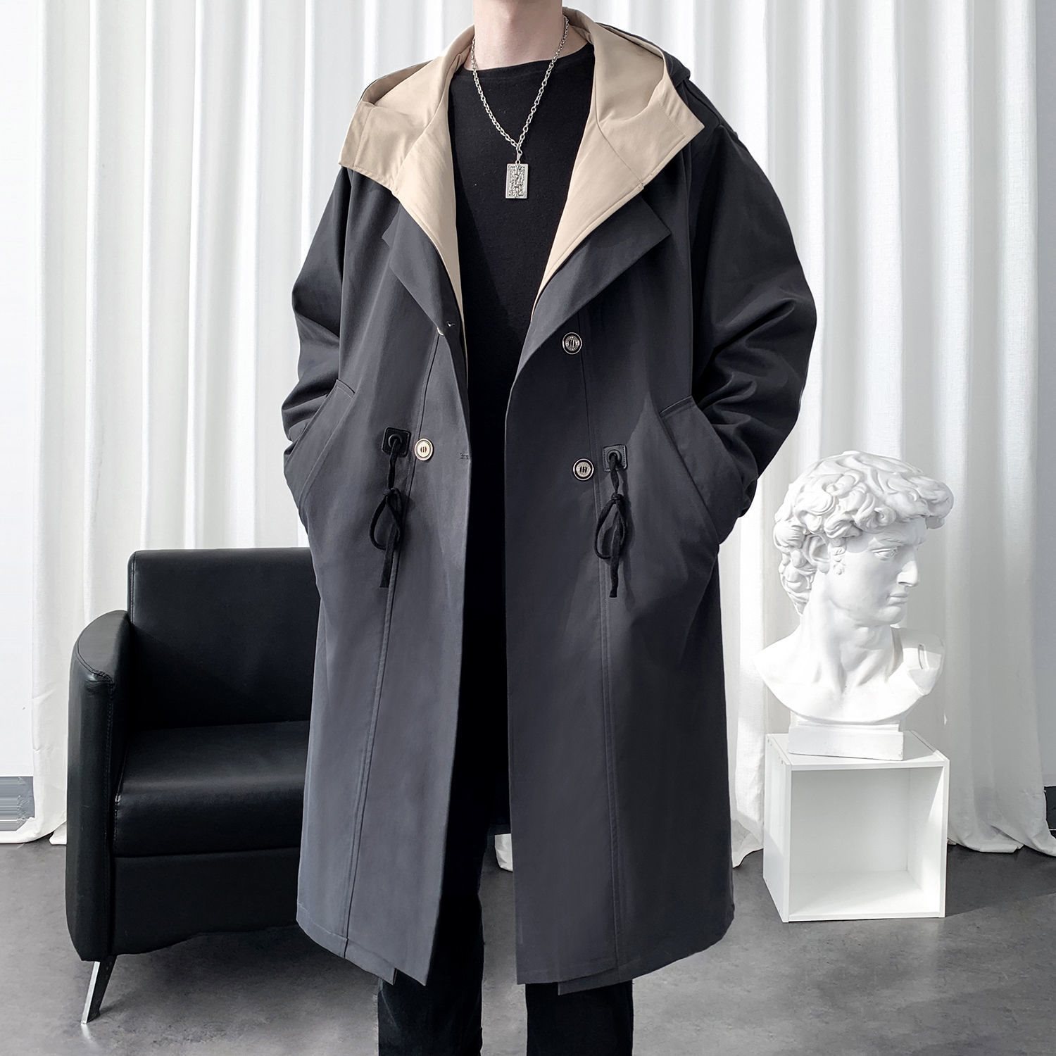 中长款假两件风衣男撞色大衣青年高档外套时尚个性上衣新款夹克潮