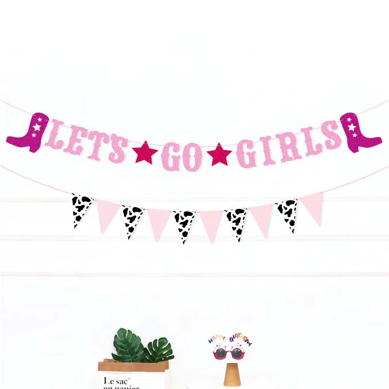 Boots Five-Pointed Star LET'S GO Girls Glitter Latte Art Banner String Flags Denim Girl Theme