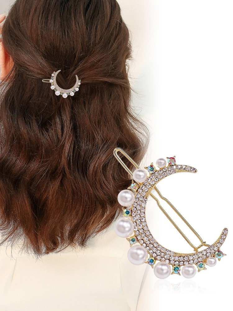 韩国发饰 闪钻珍珠小月亮发夹温柔复古边夹一字夹头饰气质顶夹