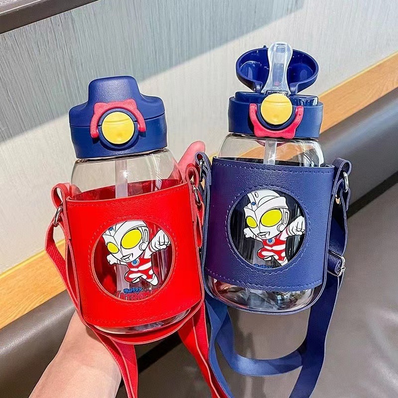 Ultraman Series Child's Plastic Water Cup Summer Kindergarten Baby Straw Cup Portable Strap Anti-Fall Cup