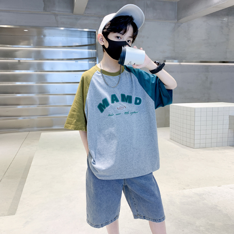 Boys Summer Clothes T-shirt 2024 New Children's Summer Fried Street Boys Short Sleeved T-shirt Two-Piece Suit Fashionable One Piece Dropshipping