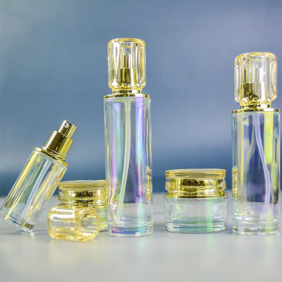 新款直圆cpb套装瓶 大牌同款水乳泵头瓶电镀喷色丝印定制化妆品瓶