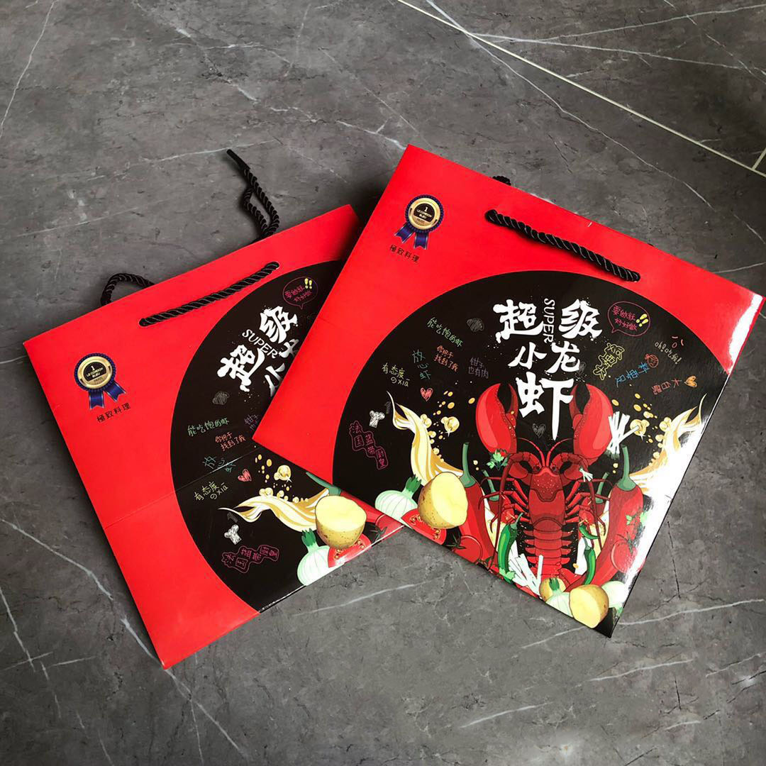 现货小龙虾外卖纸袋外包装手提袋打包盒子无纺布纸兜定牛皮纸