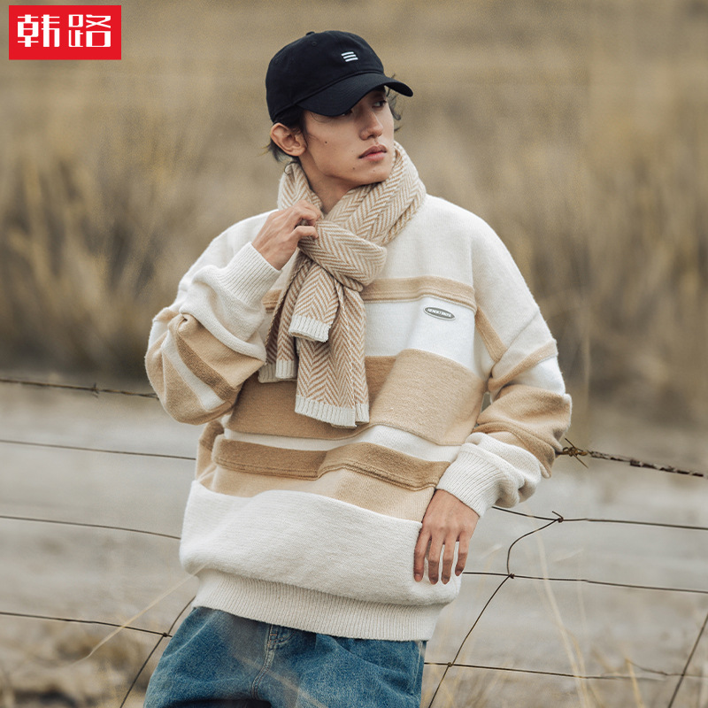 韩路男装 拼色条纹毛衣男2023秋冬款情侣潮牌宽松圆领打底针织衫q