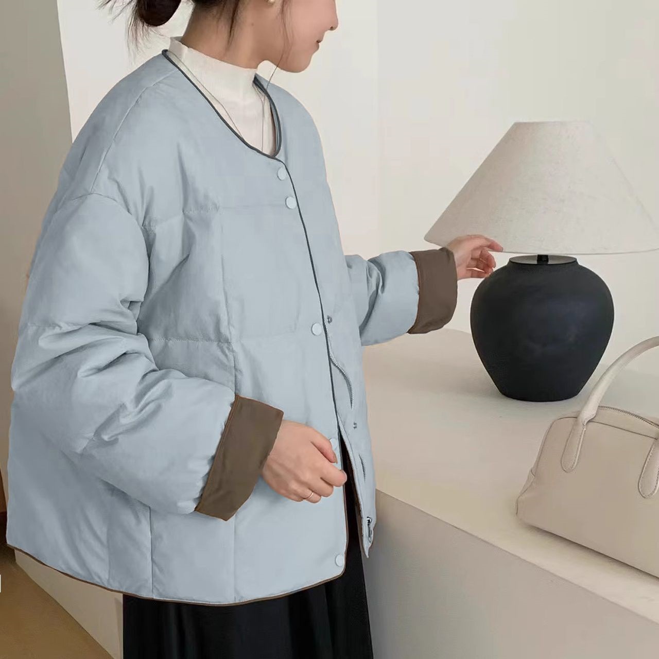奶黄色2025秋冬新款棉袄宽松减龄圆领拼色小个子简约短款棉服外套