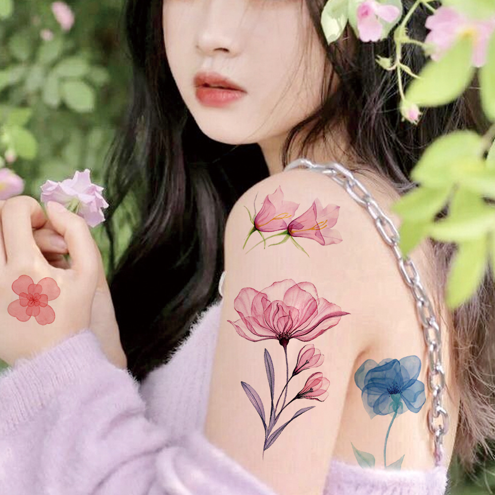 Watercolor Fresh Flowers Antique Style Tattoo Sticker Paper Hand Back Clavicle Chest European and American Scar Covering Flower Arm Tattoo Sticker