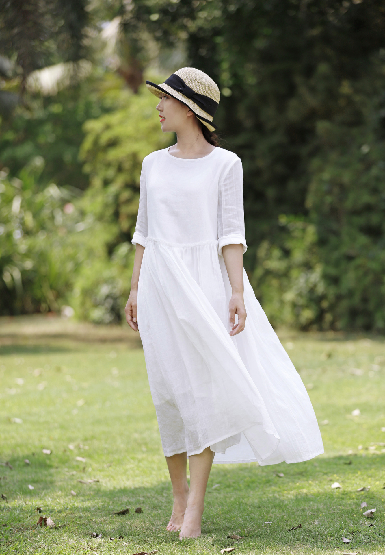 夏季新款苎麻连衣裙女 文艺旅行白色仙女范麻料女裙厂家直批ny385