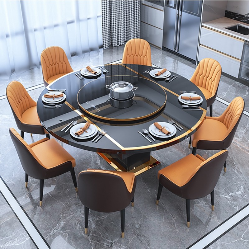 轻奢转盘餐桌伸缩两用旋转折叠现代简约家用小户型电磁炉可变圆桌