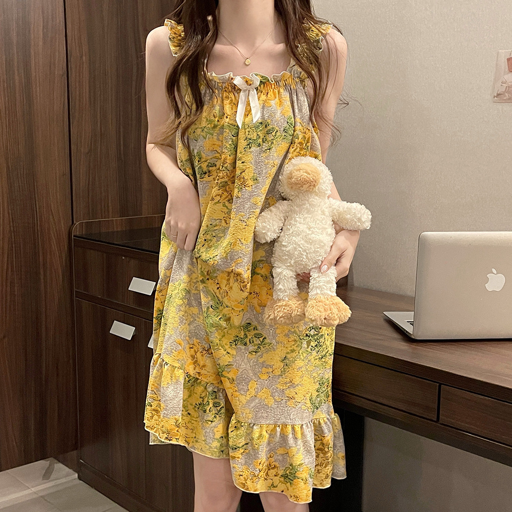 泡泡袖短袖抹胸睡裙夏季女新款云朵棉睡衣柔软舒适带胸垫居家服