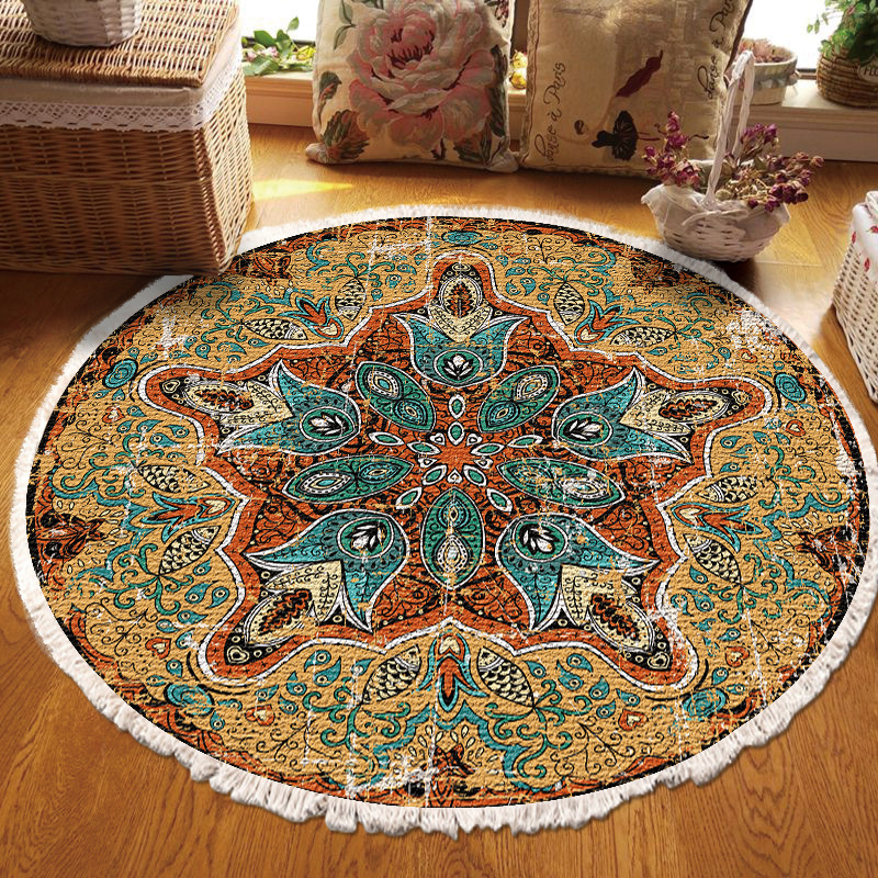 Cross-Border Ethnic Style Tassel Carpet Household Coffee Table Living Room Printed Mat round Cotton Linen Bedroom Bedside Blanket Non-Slip