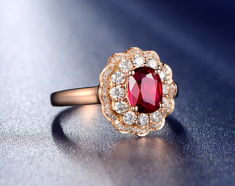 跨境批发红钻花朵宝石戒指女生18k玫瑰金鸽血红彩宝网红直播代发