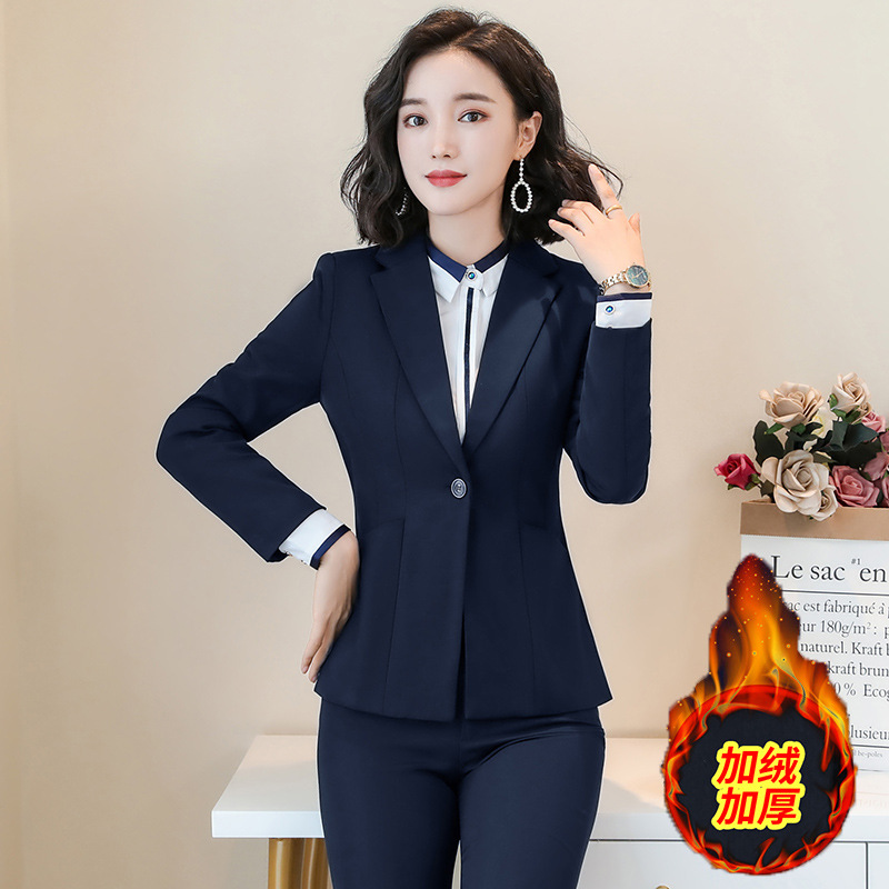 蓝色加绒西装外套女秋冬保暖加厚职业套装气质面试正装西服工作服