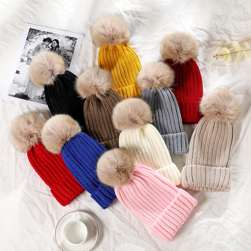 Autumn and Winter New Knitted Hat Women's Solid Color Korean Style Fur Ball Warm Japanese Sleeve Cap Men's Casual All-Matching Simple