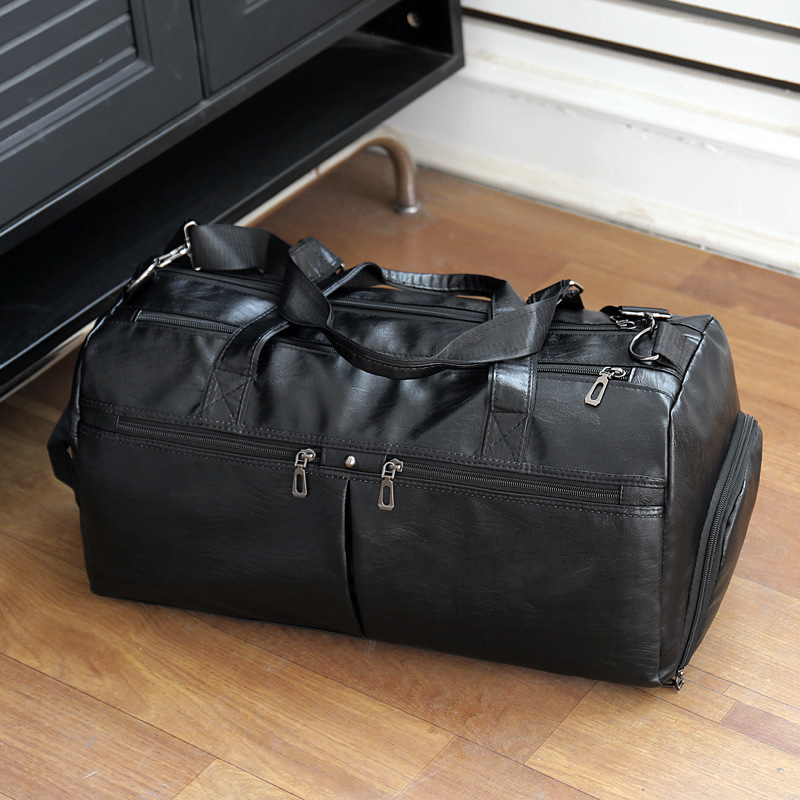 large capacity pu leather travel bag men black hanging trolley travel boarding bag dry wet separation fitness training bag