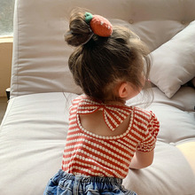 夏季女童短袖T恤宝宝网红洋气儿童个性潮韩版条纹蝴蝶结露背半袖
