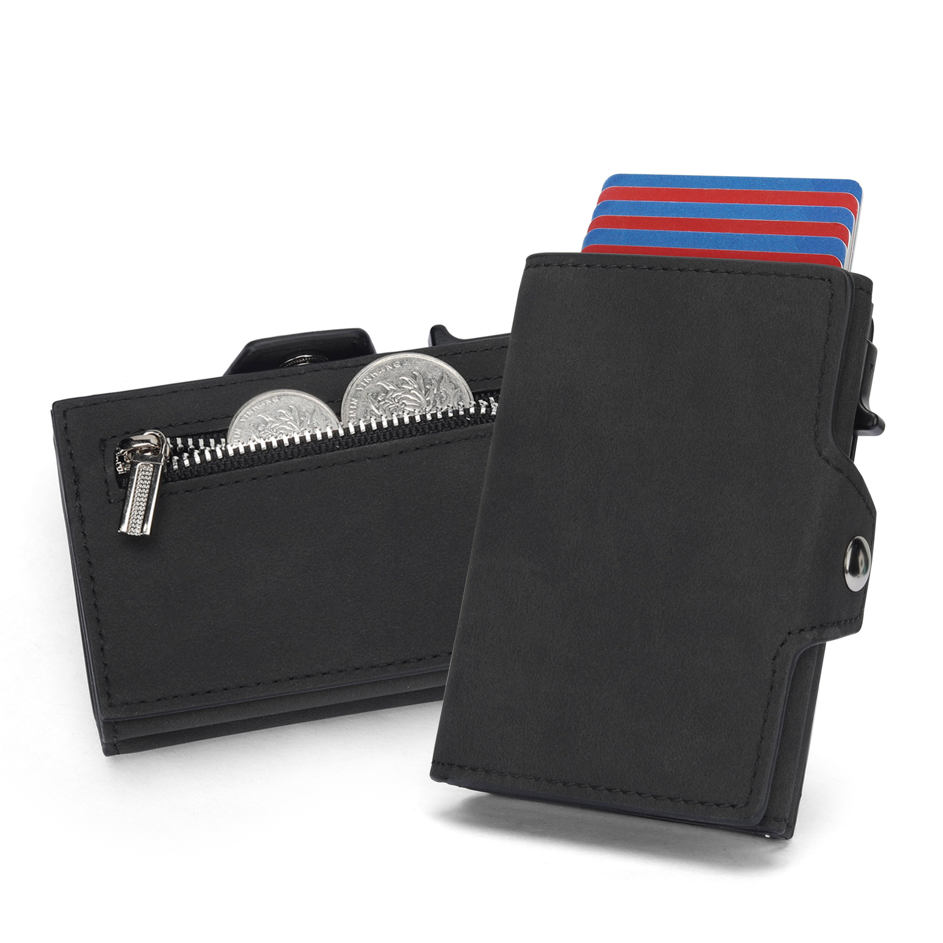 跨境爆款自动弹出金属卡盒钱包男士高级感大容量防盗刷牛皮钱包男