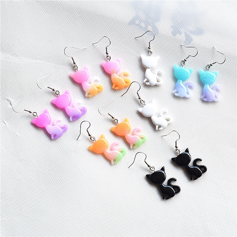 japanese and korean childlike cute cartoon earrings animal creative glitter gradient color cat sweet girly ear hook earrings