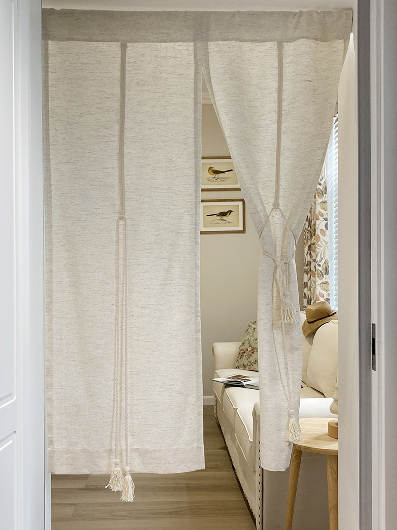 日式亚麻素色分片米色门帘吊穗绑绳出租屋半帘卧室隔断短帘商用家