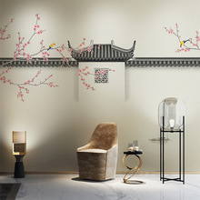 国潮中国风花鸟壁画新中式徽派建筑壁纸电视背景墙纸客厅茶室墙布