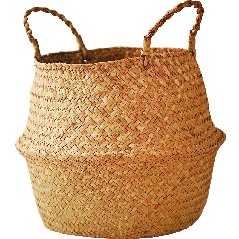 Hand-Woven Straw Basket Foldable Clothes Basket Storage Basket Storage Basket Green Plant Flower Basket